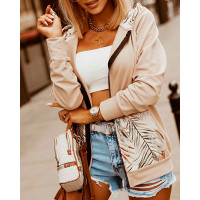 Leaf Print Zipper Design Long Sleeve Hooded Coat - Apricot