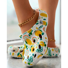 Lemon Floral Print Hollow Out Clog Sandals - white&yellow