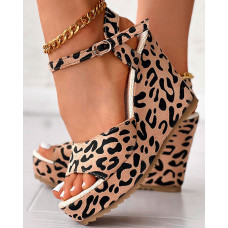 Leopard Ankle Strap Peep Toe Wedge Sandals - Leopard