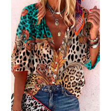 Leopard Baroque Print Button Up Long Sleeve Shirt - Leopard