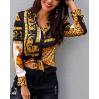 Leopard Baroque Print Knot Front Long Sleeve Top - dark yellow