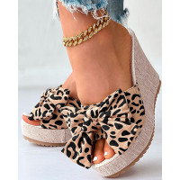 Leopard Bowknot Design Wedge Slippers - khaki