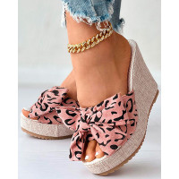 Leopard Bowknot Design Wedge Slippers - pink