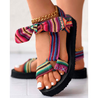 Leopard Bowknot Velcro Summer Beach Sandals - Multicolor