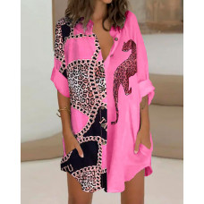 Leopard Chain Print Buttoned Pocket Design Shirt Dress - hot pink