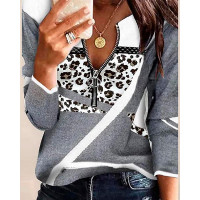 Leopard Geo Print Zip Front Long Sleeve Top - gray