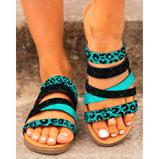 Leopard Glitter Crisscross Strap Slippers - black&blue