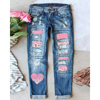 Leopard Heart Print Zip Fly Ripped Jeans - blue