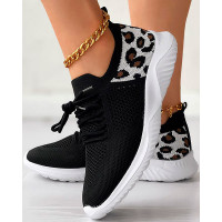 Leopard Lace-up Breathable Casual Sneakers - black