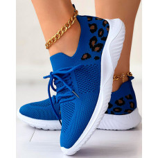 Leopard Lace-up Breathable Casual Sneakers - blue