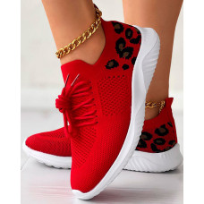 Leopard Lace-up Breathable Casual Sneakers - red