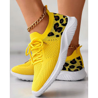 Leopard Lace-up Breathable Casual Sneakers - yellow