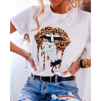 Leopard Lip Print Basic T-Shirt - white