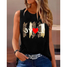 Leopard Love Heart Print Casual Tank Top - black