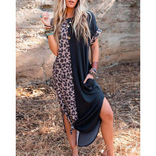 Leopard Patchwork Curved Hem Casual Dress - black