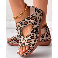 Leopard Peep Toe Hollow Out Sandals - Leopard