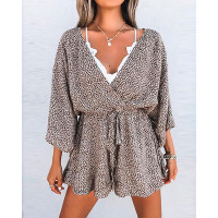 Leopard Print Batwing Sleeve Chiffon Romper - Leopard