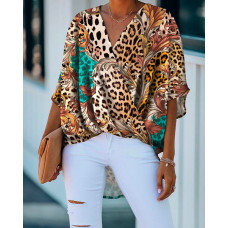 Leopard Print Batwing Sleeve Wrap Top - Leopard