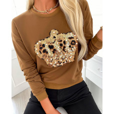 Leopard Print Beaded Sequins Long Sleeve Top - coffee