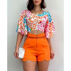 Leopard Print Bell Sleeve Top & Shorts Set - orange