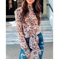 Leopard Print Bowknot Casual Blouse - Leopard