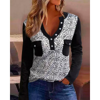 Leopard Print Button Detail Long Sleeve Top - black