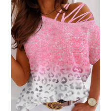 Leopard Print Cold Shoulder Top - pink