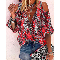 Leopard Print Cold Shoulder Zip Front Chiffon Top - red