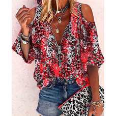 Leopard Print Cold Shoulder Zip Front Chiffon Top - red