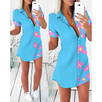 Leopard Print Colorblock Buttoned Shirt Dress - blue