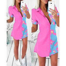 Leopard Print Colorblock Buttoned Shirt Dress - pink