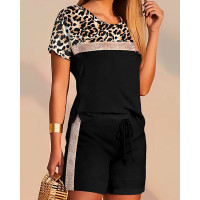 Leopard Print Colorblock Top & Drawstring Shorts Set - black