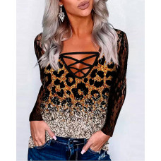 Leopard Print Contrast Lace Long Sleeve Top - black