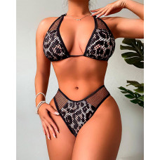 Leopard Print Contrast Mesh Halter Bikini Set - black