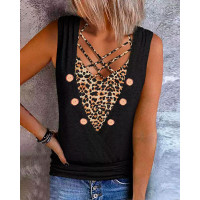 Leopard Print Crisscross Button Decor Fake Two-Piece Tank Top - black