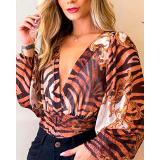 Leopard Print Deep V-Neck Lantern Sleeve Bodysuit - Leopard