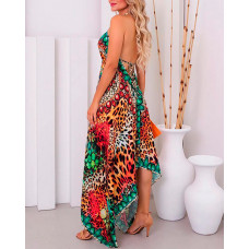 Leopard Print Halter Asymmetrical Dress - green