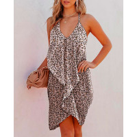 Leopard Print Halter Backless Draped Casual Dress - Leopard