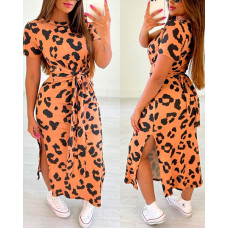 Leopard Print Knotted Slit Casual Dress - brown