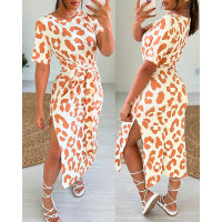 Leopard Print Knotted Slit Casual Dress - Light Brown