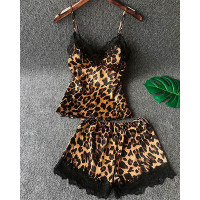 Leopard Print Lace Trim Cami Sets - Leopard