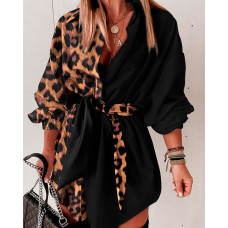 Leopard Print Lantern Sleeve Belted Shirt Dress - Leopard