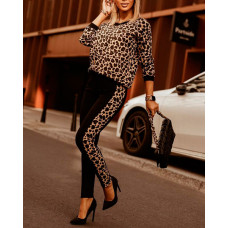 Leopard Print Long Sleeve Casual Top & Pants Set - Leopard