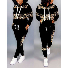 Leopard Print Long Sleeve Hoodie & Pants Set - black