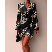 Leopard Print Long Sleeve Ruched Wrap Dress - black