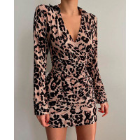 Leopard Print Long Sleeve Ruched Wrap Dress - Leopard