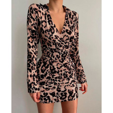 Leopard Print Long Sleeve Ruched Wrap Dress - Leopard