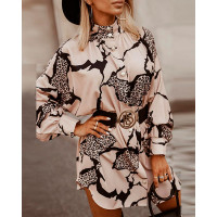 Leopard Print Long Sleeve Shirt Dress - Apricot