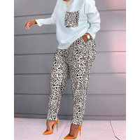 Leopard Print Long Sleeve Top & Pants Set - Leopard