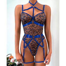 Leopard Print O-Ring Bandage Halter Teddy - blue